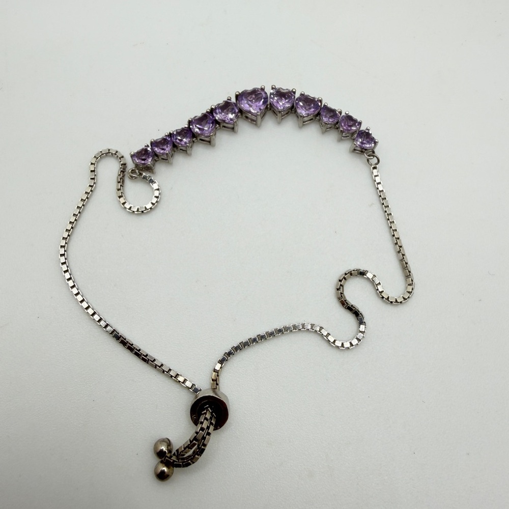 Sterling Silver adjustable graduated faceted heart‎ cut AMETHYST bracelet!